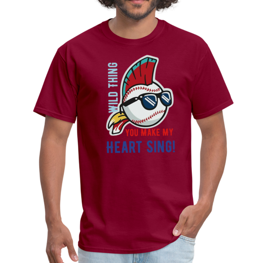 Classic Major League Mens Graphic Tee: Wild Thing, Jobu, Indians, Cleveland - burgundy