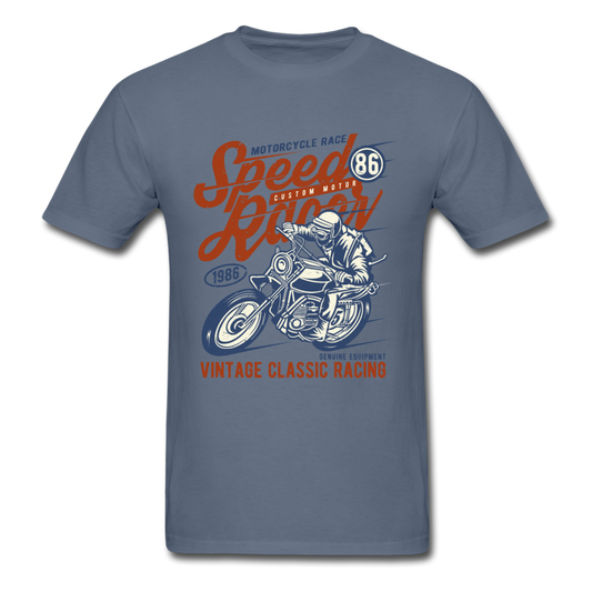 Vintage Motorcycle Racing Graphic Tee; Speed Racer, Cafe Racer - denim
