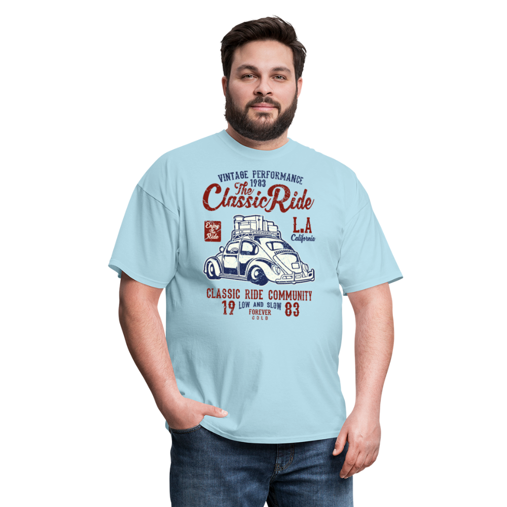 Vintage Automotive Graphic Tee; Bug, Classic, California Ride - powder blue