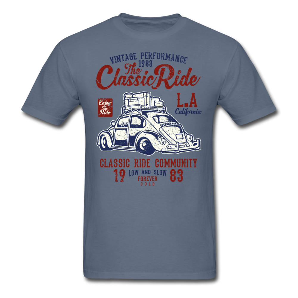 Vintage Automotive Graphic Tee; Bug, Classic, California Ride - denim