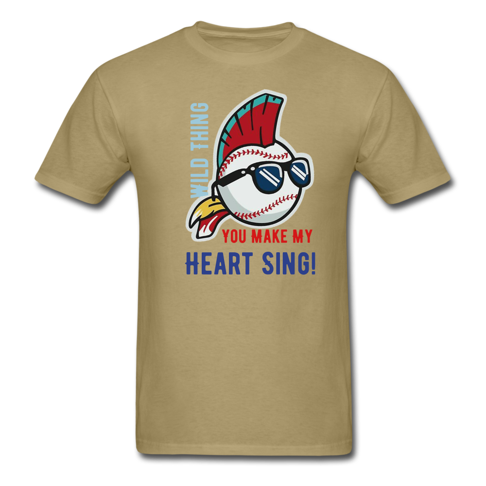 Classic Major League Mens Graphic Tee: Wild Thing, Jobu, Indians, Cleveland - khaki