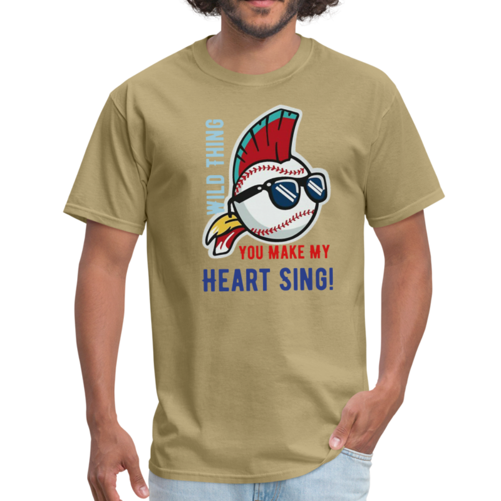 Classic Major League Mens Graphic Tee: Wild Thing, Jobu, Indians, Cleveland - khaki