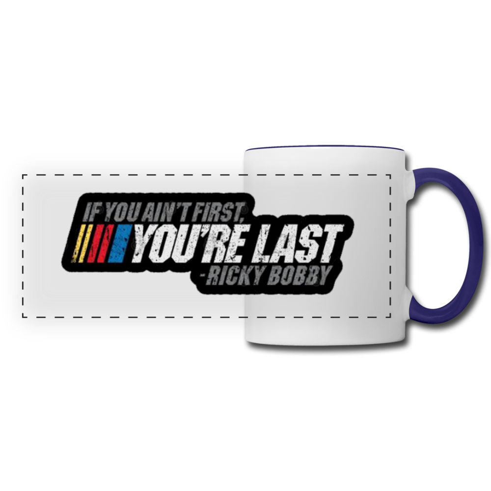 Ricky Bobby Talladega Nights "If You Ain't First, You're Last" Panoramic Mug - white/cobalt blue