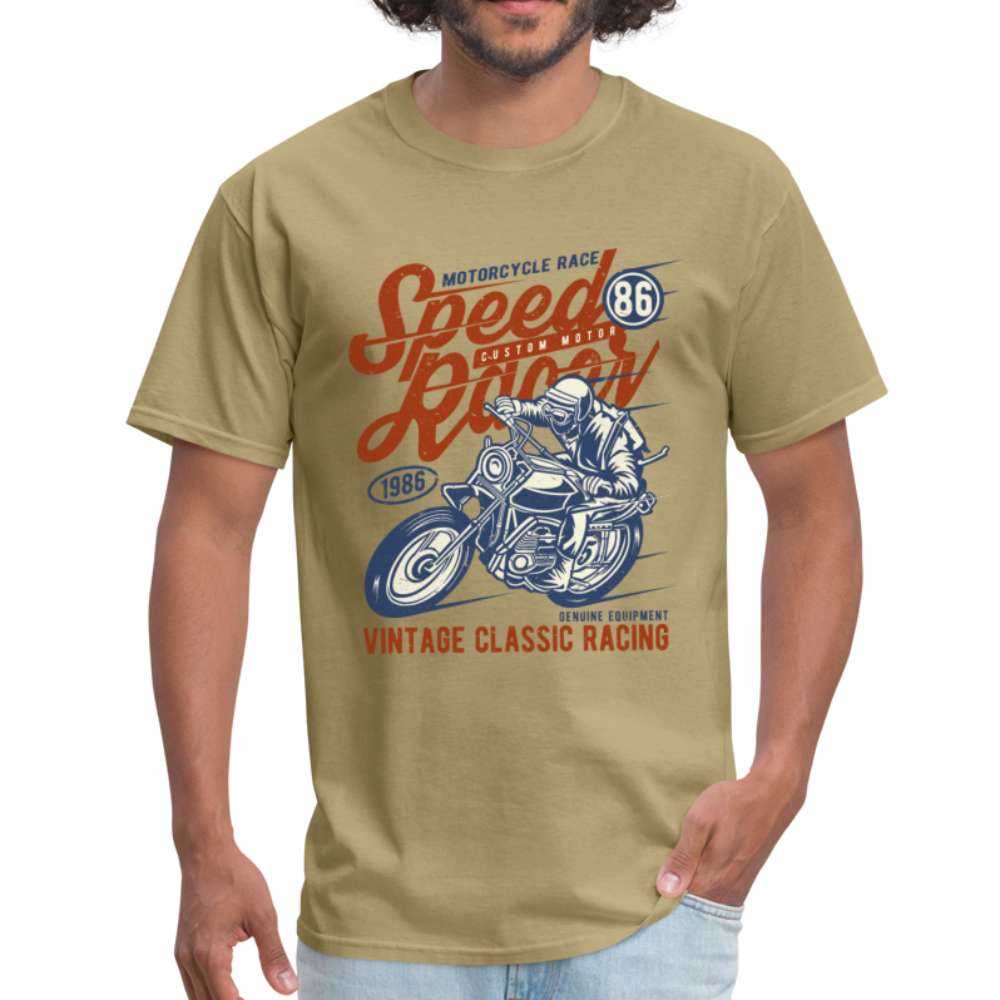 Vintage Motorcycle Racing Graphic Tee; Speed Racer, Cafe Racer - khaki