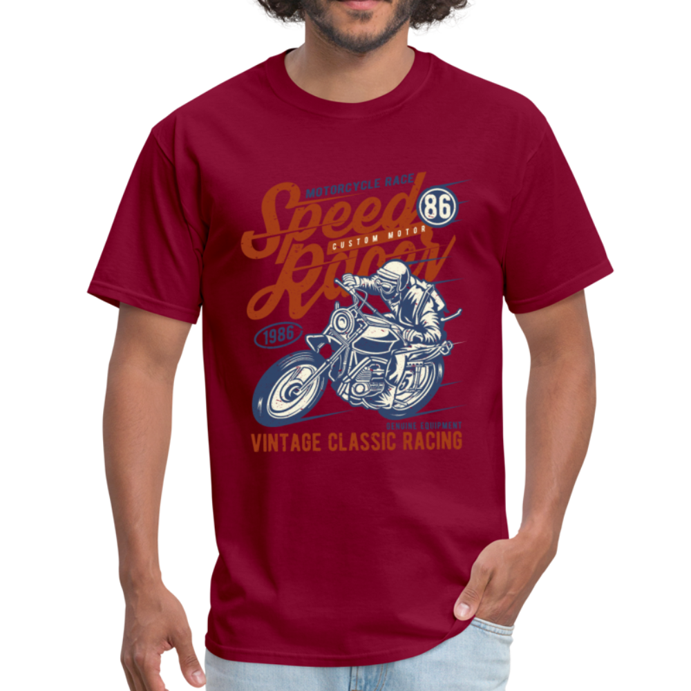 Vintage Motorcycle Racing Graphic Tee; Speed Racer, Cafe Racer - burgundy