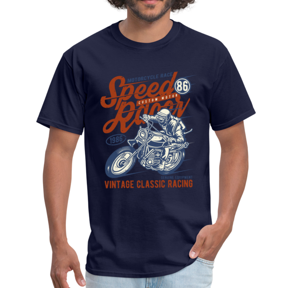 Vintage Motorcycle Racing Graphic Tee; Speed Racer, Cafe Racer - navy