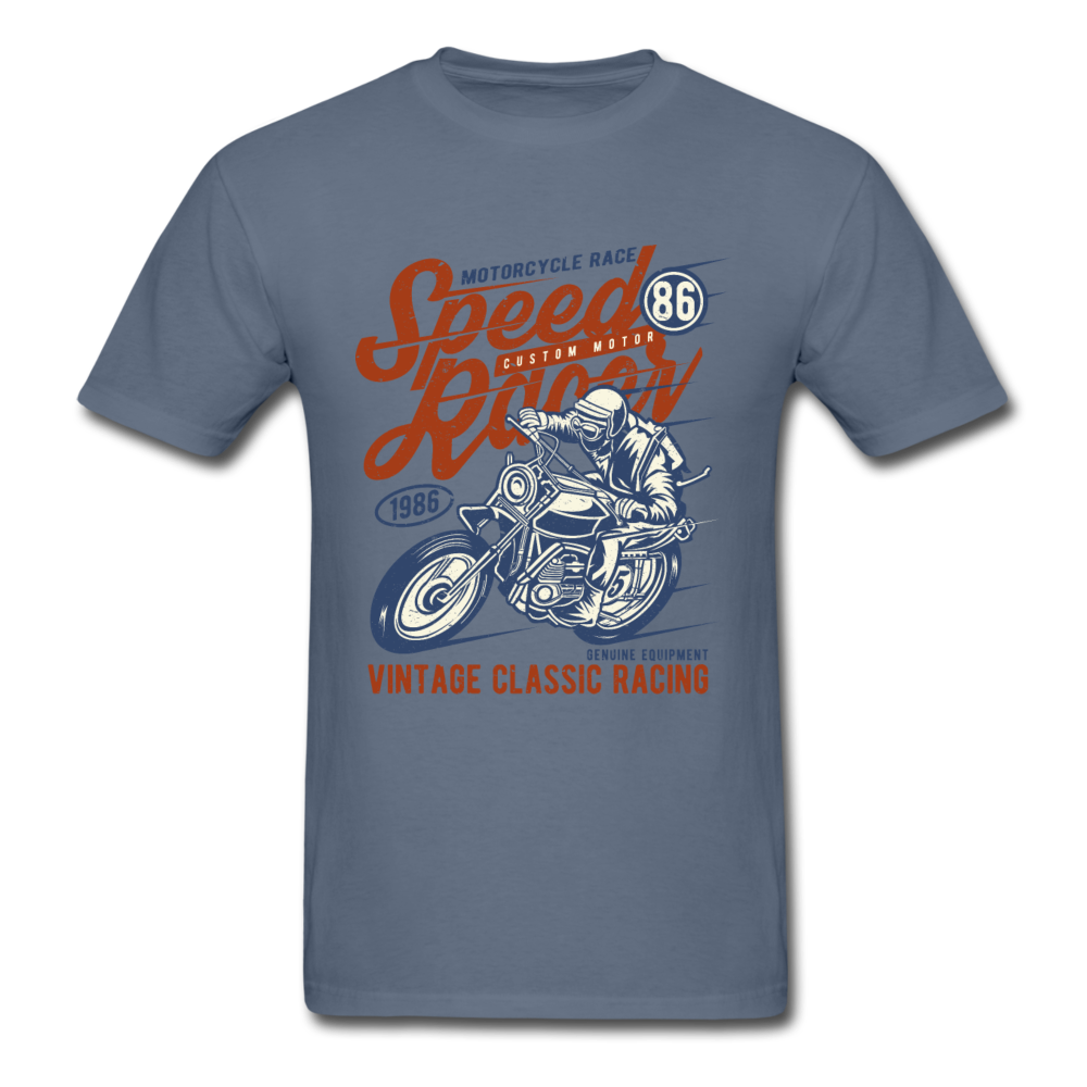 Vintage Motorcycle Racing Graphic Tee; Speed Racer, Cafe Racer - denim