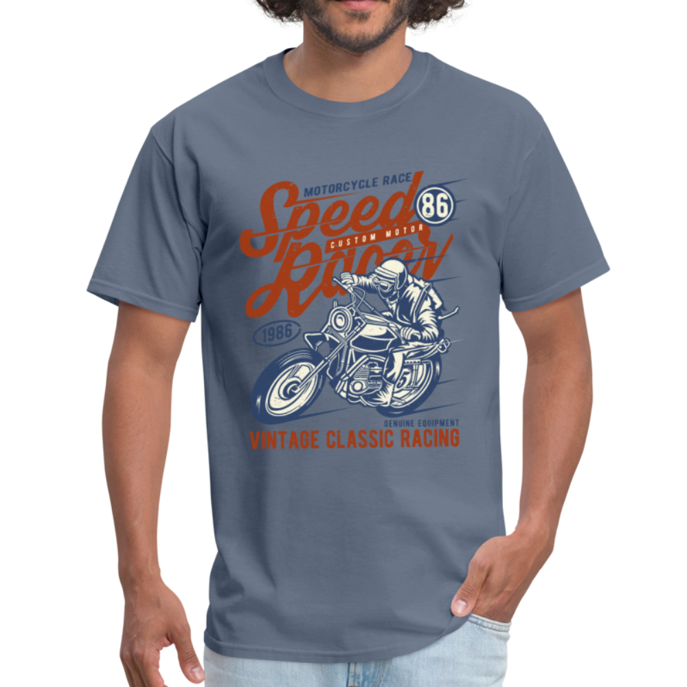 Vintage Motorcycle Racing Graphic Tee; Speed Racer, Cafe Racer - denim