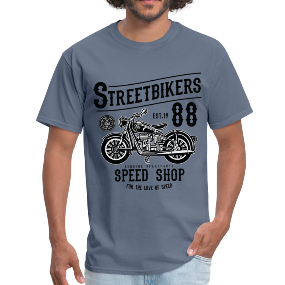 Custom Street Bikers Graphic Tee; Cafe Racer, Speed Shop - denim