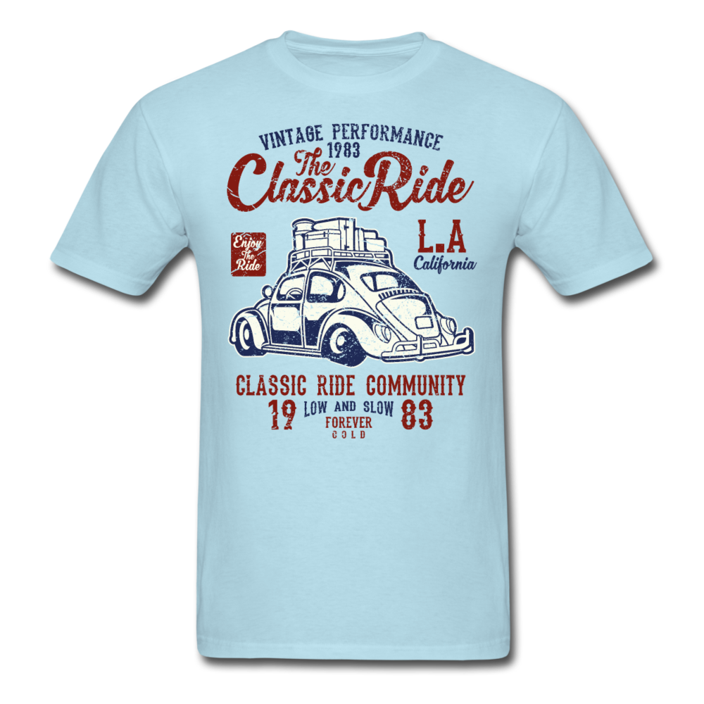 Vintage Automotive Graphic Tee; Bug, Classic, California Ride - powder blue
