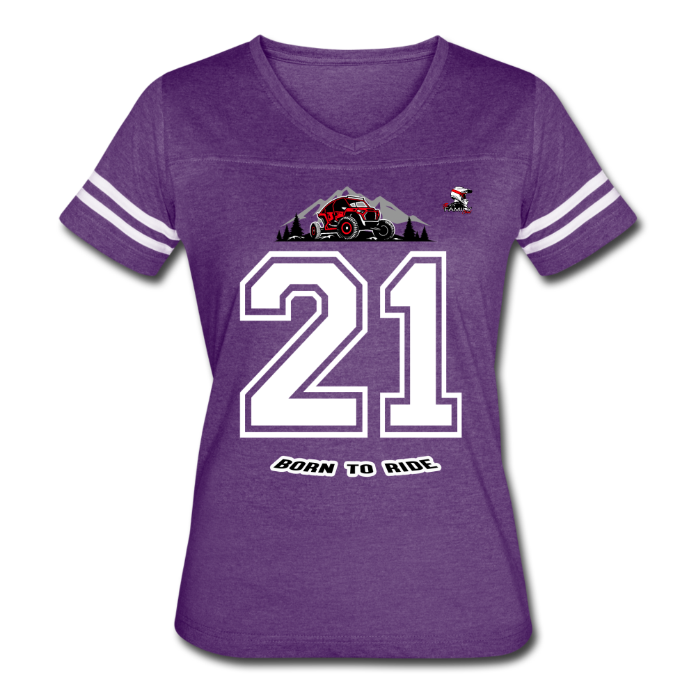 Women’s Born To Ride Graphic Varsity Tee; UTV, ATV, MX - vintage purple/white