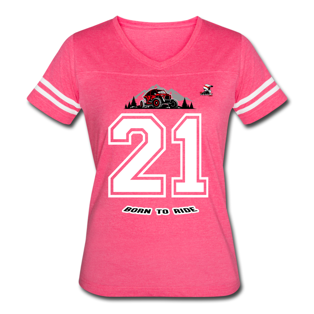 Women’s Born To Ride Graphic Varsity Tee; UTV, ATV, MX - vintage pink/white