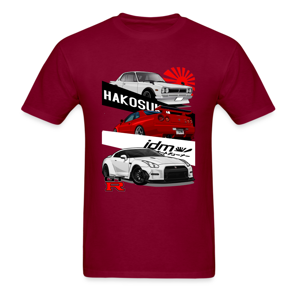 Custom JDM Tuner Nissan GTR R29, R34, R35 History Graphic Tee - burgundy