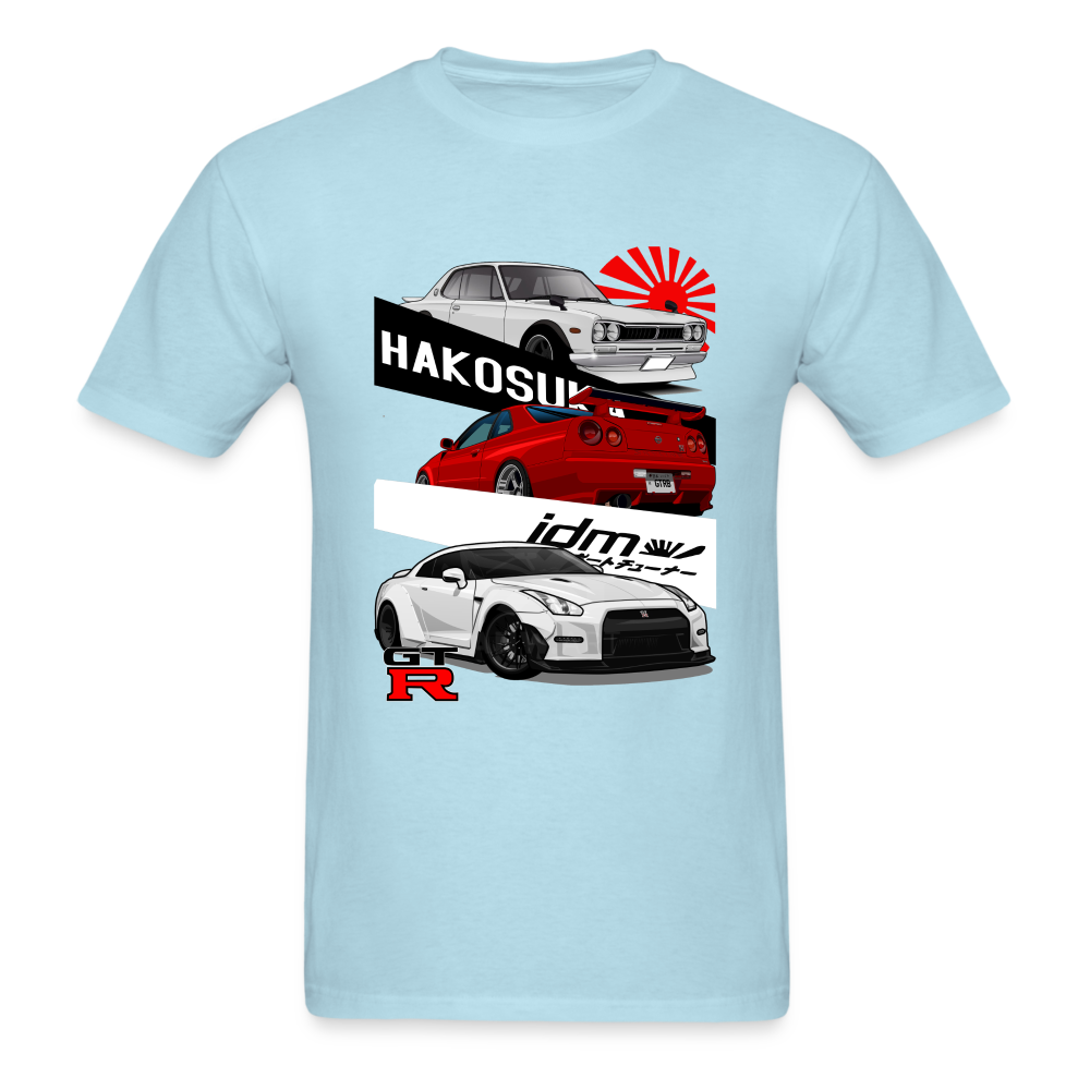 Custom JDM Tuner Nissan GTR R29, R34, R35 History Graphic Tee - powder blue